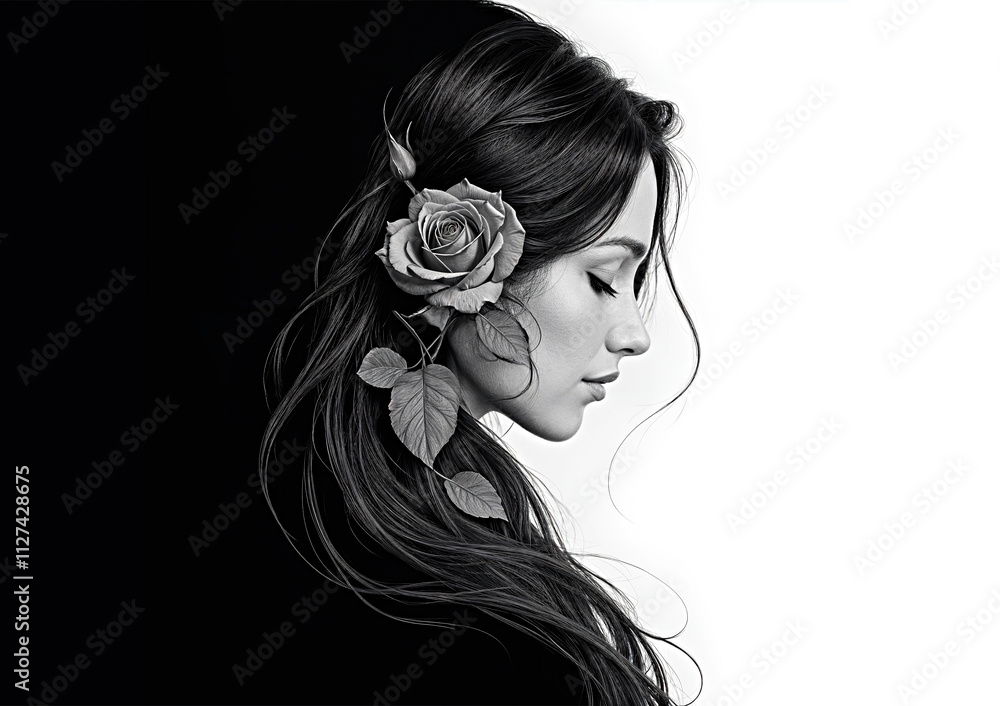 Fantasy Black and White Profile Art Portrait of Elegant Girl with Rose in Hair - Modern Two-Color, Good and Evil Sides, Wall Digital Print. Fantasy Black and White Profile Art Portrait of Elegant Girl with Rose in Hair - Modern Two-Color, Good and Evil Sides, Wall Digital Print.