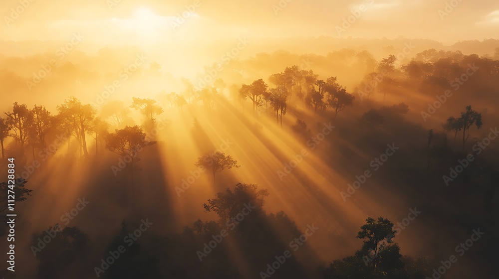 Sun rays piercing through morning mist over a forest. Sun rays piercing through morning mist over a forest.
