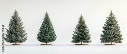 Set of four Christmas trees displaying unique festive charm with lights and snow