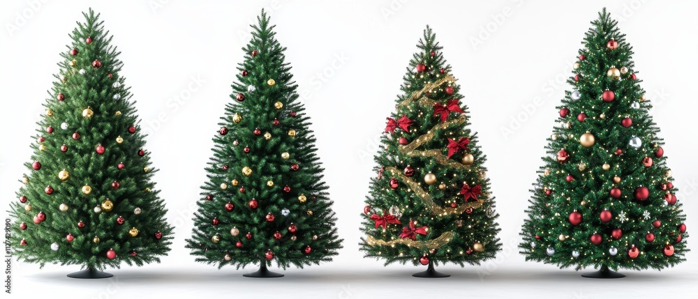 Set of four beautifully decorated Christmas trees showcasing festive decorations in various styles and colors Set of four beautifully decorated Christmas trees showcasing festive decorations in various styles and colors