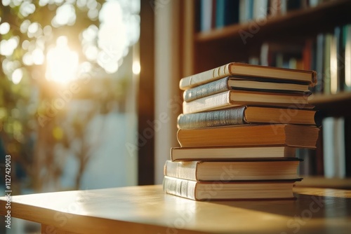 A sun-drenched study room with stacks of vintage books on a wooden table, evoking a sense of knowledge and nostalgia.