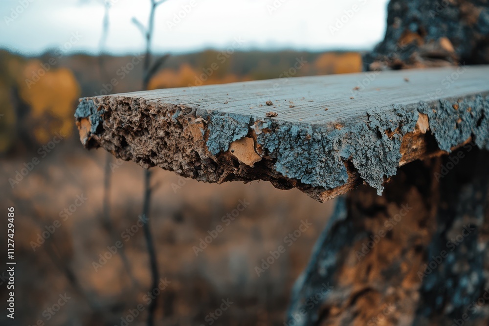Fototapeta premium A rustic, weathered wooden fence stretches into the landscape, showing the beauty of natural textures and timeworn charm amid an autumnal backdrop.