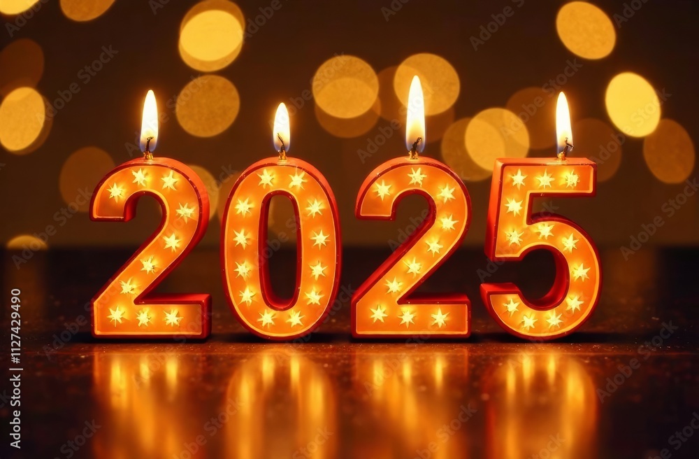 Decorative candles shaped as the numbers 2025 glow warmly against a dark background with sparkling bokeh. This festive display symbolizes the coming New Year and celebratory spirit. Decorative candles shaped as the numbers 2025 glow warmly against a dark background with sparkling bokeh. This festive display symbolizes the coming New Year and celebratory spirit.