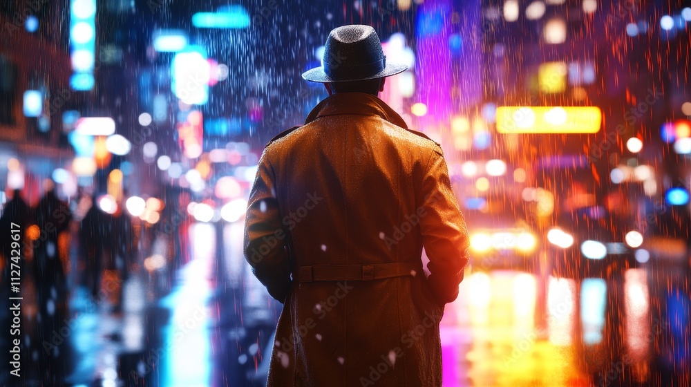 A Lone Figure in the Rain-Soaked City - Mystery, solitude, urban exploration, night ambiance, and a sense of intrigue are evoked by the image of a lone figure in a trench coat and hat standing in a ra A Lone Figure in the Rain-Soaked City - Mystery, solitude, urban exploration, night ambiance, and a sense of intrigue are evoked by the image of a lone figure in a trench coat and hat standing in a ra