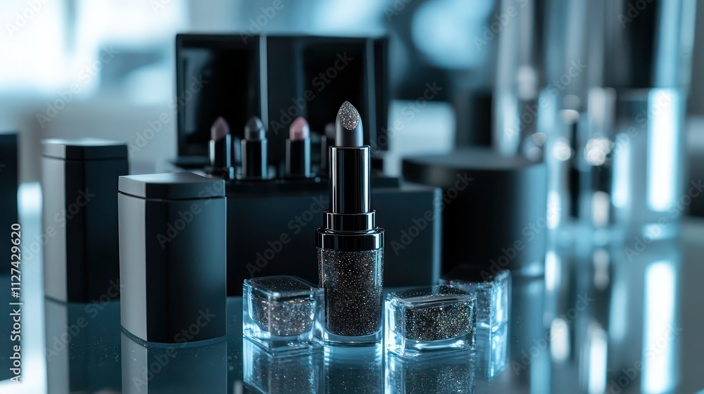 A minimalist beauty setup featuring sleek black packaging, bold lipstick shades, and glittery nail polishes, displayed on a glass vanity. A minimalist beauty setup featuring sleek black packaging, bold lipstick shades, and glittery nail polishes, displayed on a glass vanity.
