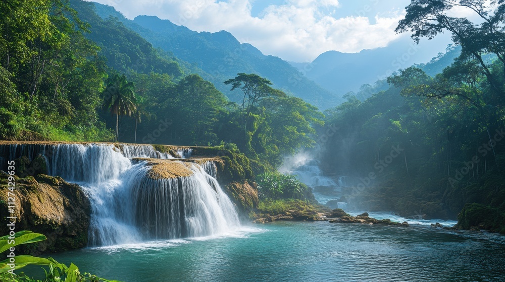 Fototapeta premium Breathtaking Waterfall in a Verdant Tropical Rainforest