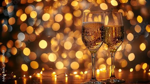 Celebratory Champagne / Wine glasses against a golden sparkling bokeh background, Copyspace