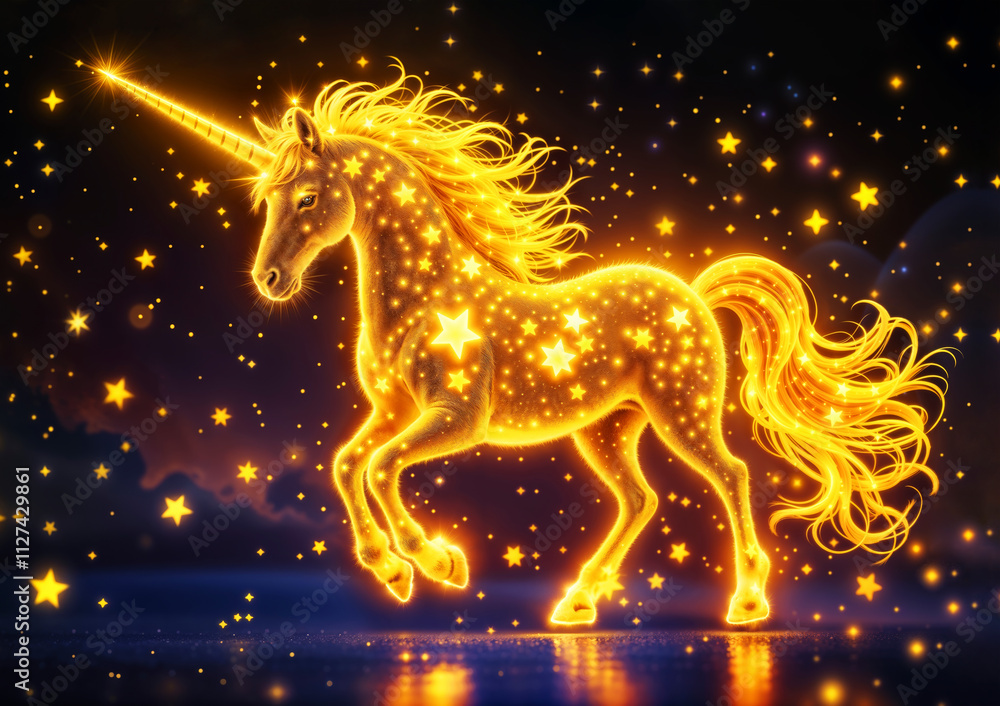 Fantasy Cute Shine Golden Unicorn in Golden Radiance and Stars: Neon Gold Glow Mane and Horn & Glittery Fairy-Tale Magic, Wall Digital Print Fantasy Cute Shine Golden Unicorn in Golden Radiance and Stars: Neon Gold Glow Mane and Horn & Glittery Fairy-Tale Magic, Wall Digital Print