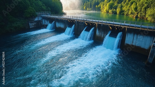 Photograph of a hydroelectric dam with four power plants, non-polluting energy, renewable resources