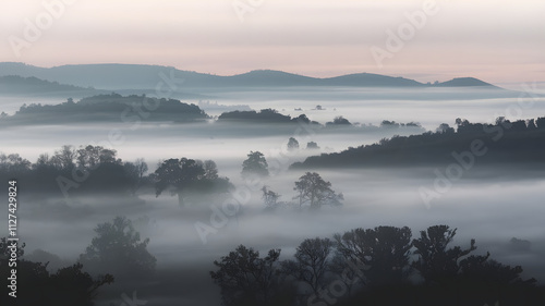 A foggy morning with silhouettes of distant hills barely visible through the mist