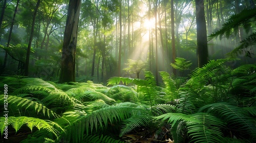 A dense layer of fern leaves growing on the forest floor, soft light filtering through the trees above