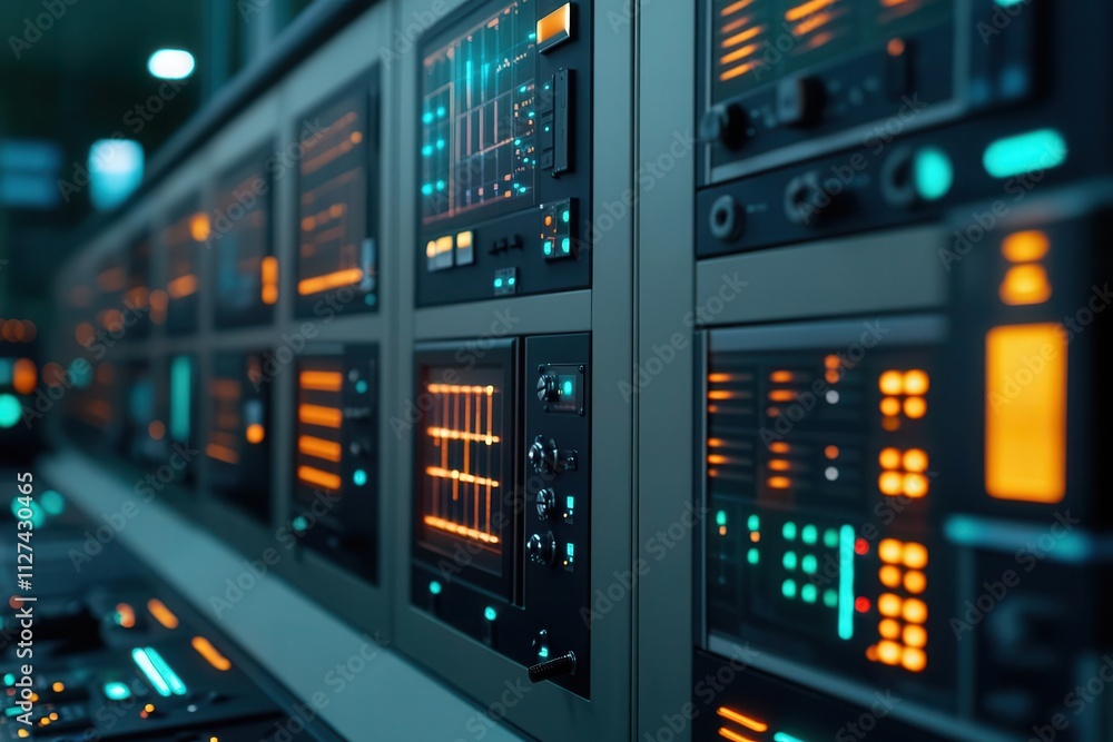 High-tech control room filled with glowing fiber optic panels and advanced equipment High-tech control room filled with glowing fiber optic panels and advanced equipment