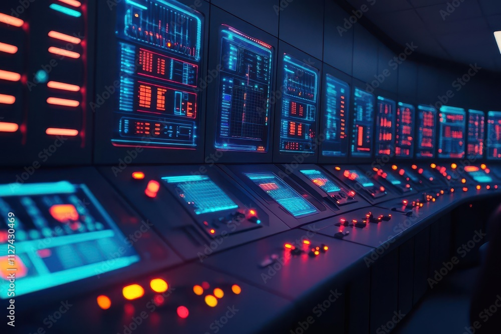 High-tech control room filled with glowing fiber optic panels and advanced equipment High-tech control room filled with glowing fiber optic panels and advanced equipment