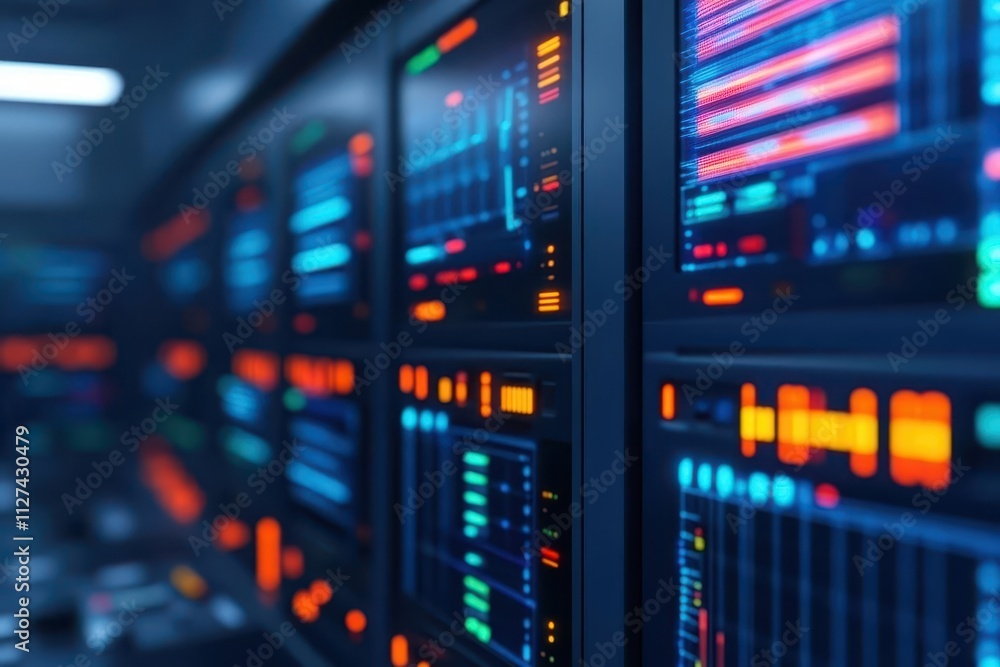 High-tech control room filled with glowing fiber optic panels and advanced equipment High-tech control room filled with glowing fiber optic panels and advanced equipment