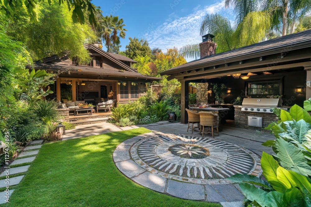 A backyard of a Craftsman home, featuring a decorative stone patio, a barbecue area, and lush greenery creating a perfect setting for outdoor entertaining A backyard of a Craftsman home, featuring a decorative stone patio, a barbecue area, and lush greenery creating a perfect setting for outdoor entertaining
