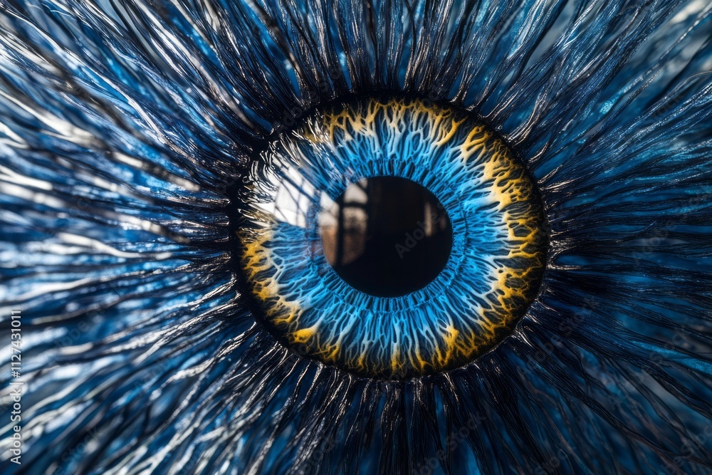 Obraz premium Intricate details of a mesmerizing blue eye showcasing stunning patterns and colors in a captivating close-up, revealing the wonders of human anatomy in natural light