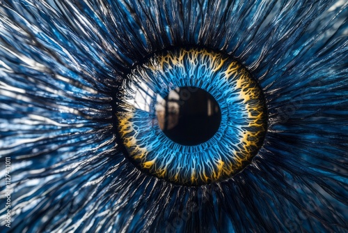 Intricate details of a mesmerizing blue eye showcasing stunning patterns and colors in a captivating close-up, revealing the wonders of human anatomy in natural light