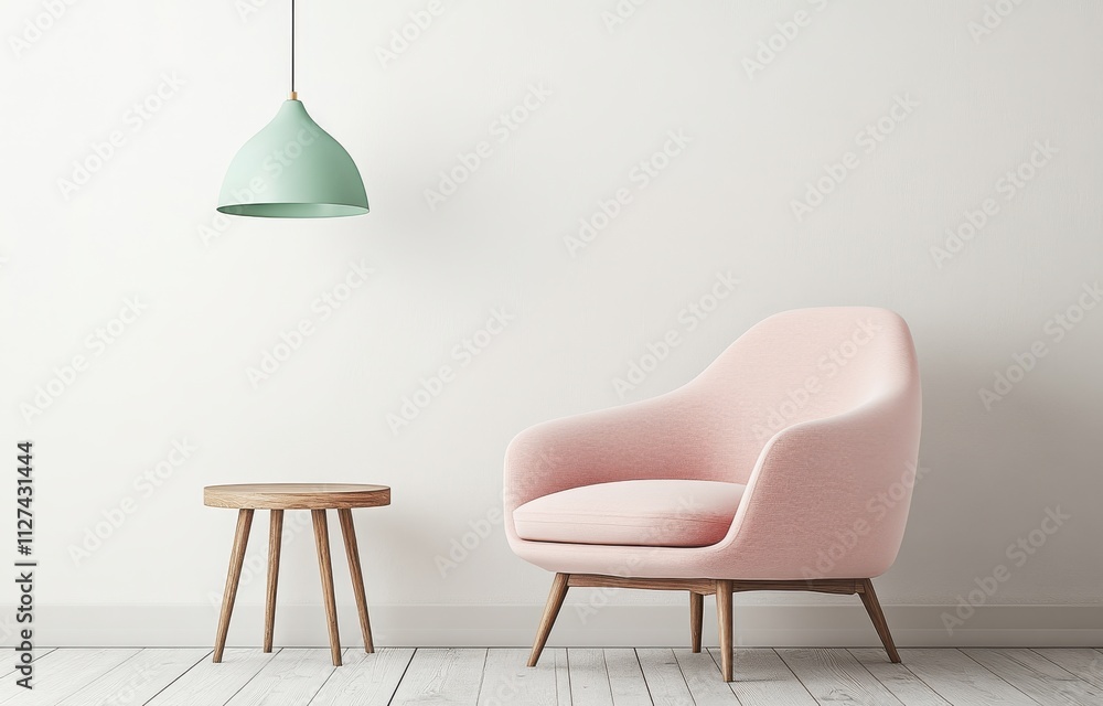 Obraz premium Stylish minimalist living room with a pink armchair and green pendant lamp, showcasing modern interior design