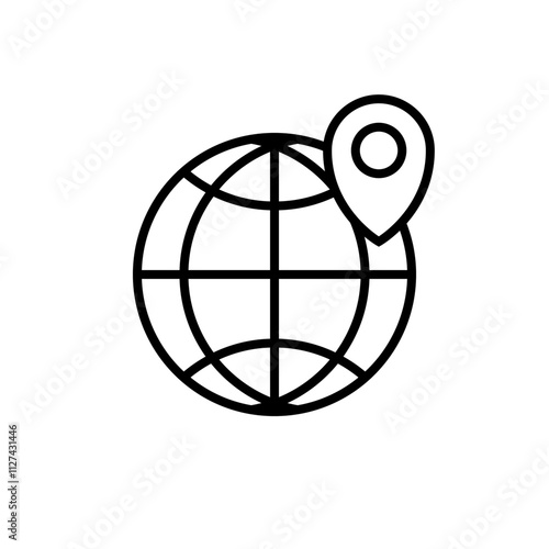 Globe web icon and location pin. Planet earth icon set with pointer pin. Globe and location icon, outline style