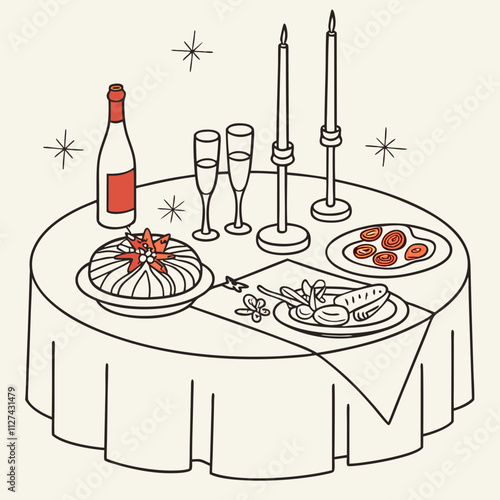 Christmas dinner table in retro vintage style. New year decor candles, food, wine or champagne doodle set. Line art contemporary minimalist print style hand drawn ink holiday menu elements collection.