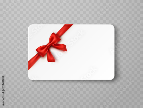 Plastic or paper business card and red bow isolated on transparent background. Vector blank sticker, label, banner template with transparent shadow