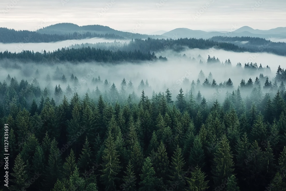 A panoramic view of the dense forest, with mist rising from its trees and hills in the background. A panoramic view of the dense forest, with mist rising from its trees and hills in the background.