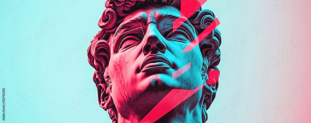 Classical marble statue in neon pink and blue colors with abstract geometric shapes overlay. Classical marble statue in neon pink and blue colors with abstract geometric shapes overlay.