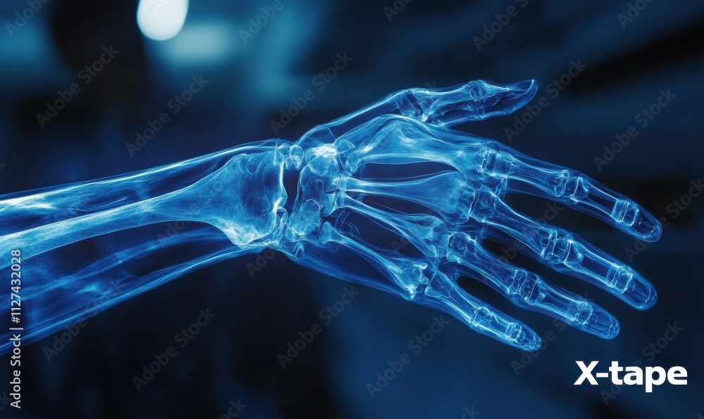 Digital rendering of an X-ray image highlighting joint pain in a human hand with vibrant colors on a blue background Digital rendering of an X-ray image highlighting joint pain in a human hand with vibrant colors on a blue background