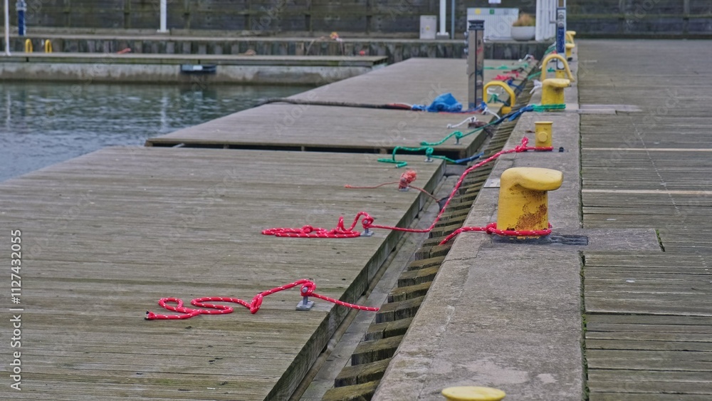 Obraz premium Marine Floating Bridge Platform Moored with Polypropylene Nylon Plastic Rope Around Yellow Metal Bollard Mounted at Harbor Concrete Pier