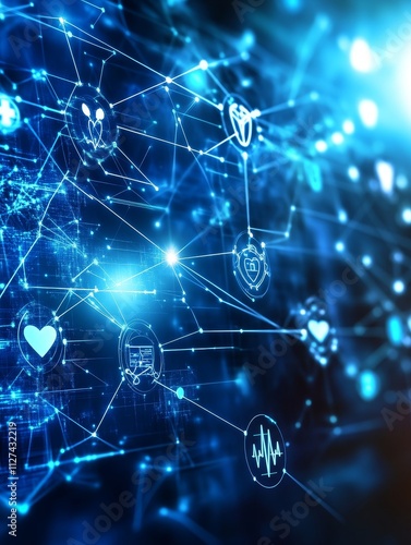 Abstract Digital Healthcare Network Background - Symbolizing digital health, medical technology, data security, patient care, and global connectivity.  Abstract background ideal for healthcare and tec