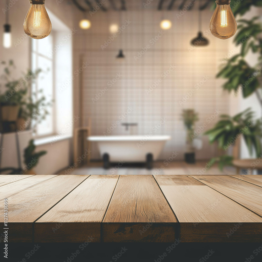 Empty tabletop for product display with blurred bathroom interior background Empty tabletop for product display with blurred bathroom interior background