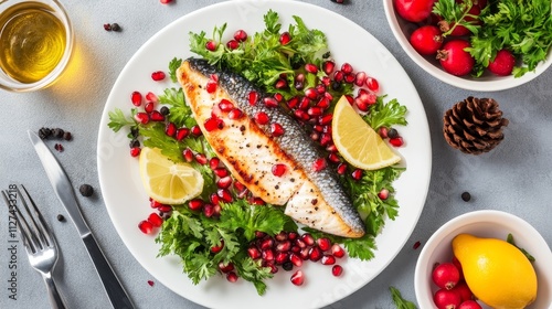 Barramundi with Pomegranate and Herbs - Elegant plated barramundi, garnished with vibrant pomegranate arils and fresh herbs.  A healthy, flavorful, and visually appealing dish.  Seafood, healthy eatin photo