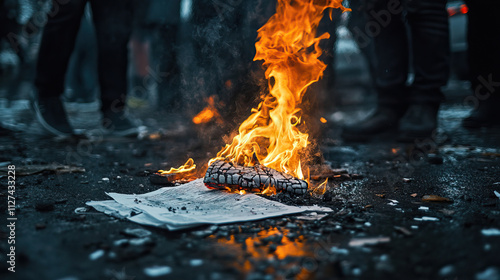 A powerful image vividly capturing an intense protest scene with burning papers that are igniting social change photo