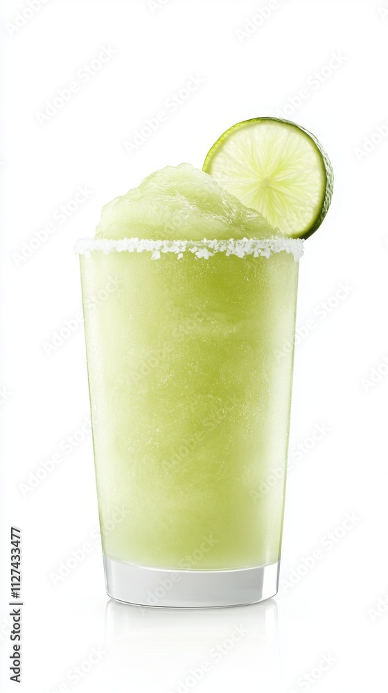 Frosted margarita glass with lime garnish Frosted margarita glass with lime garnish