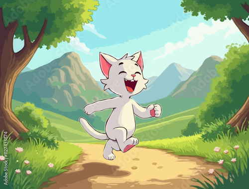 illustration of white cat with red ears running happily through a green meadow with blue sky and mountains in the background