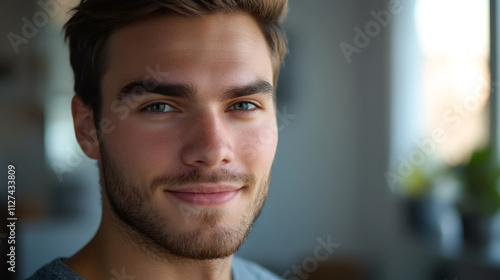 Portrait of a confident young man with a beard and short brown hair, smiling in a softly focused indoor environment