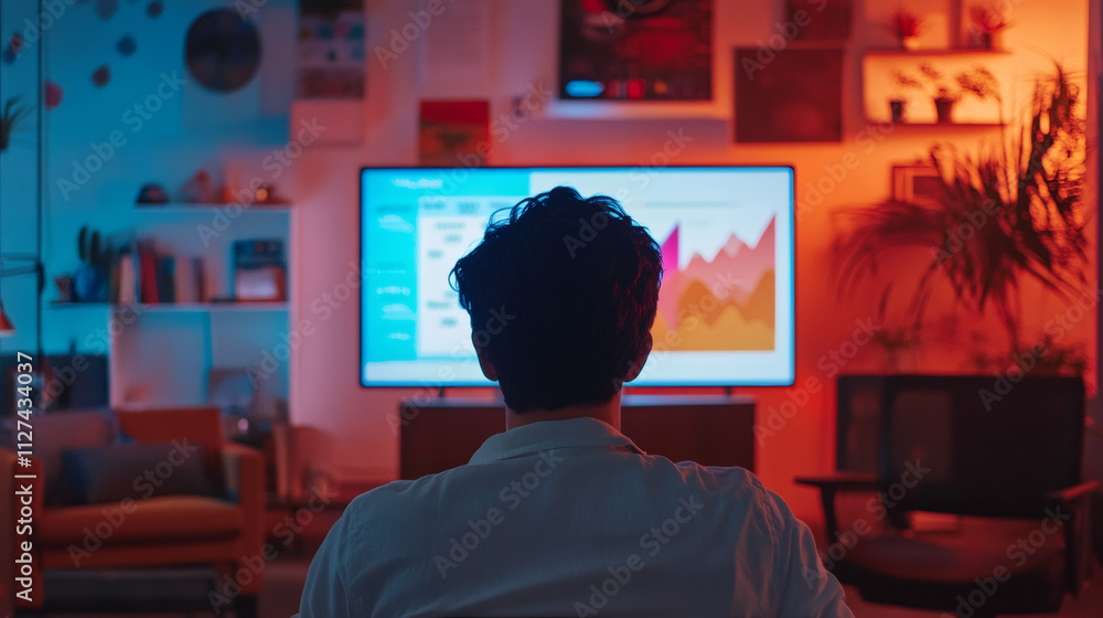 Late night businessman watching growth chart on tv in living room with colorful neon lights from sofa Late night businessman watching growth chart on tv in living room with colorful neon lights from sofa