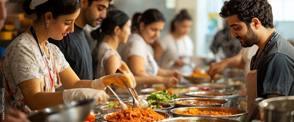 Volunteers prepare and serve food in a community kitchen. Volunteers prepare and serve food in a community kitchen.