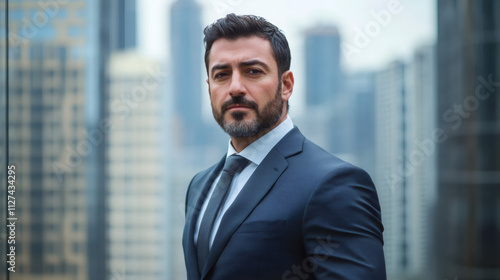 Confident and successful businessman posing with a city skyline in the background in a portrait