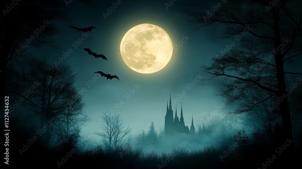 Cathedral Silhouette Under a Full Moon - A dark, haunting scene of a cathedral silhouetted against a large, yellow full moon. Bats fly across a misty, moonlit forest. Symbolizing mystery, darkness, s Cathedral Silhouette Under a Full Moon - A dark, haunting scene of a cathedral silhouetted against a large, yellow full moon. Bats fly across a misty, moonlit forest. Symbolizing mystery, darkness, s