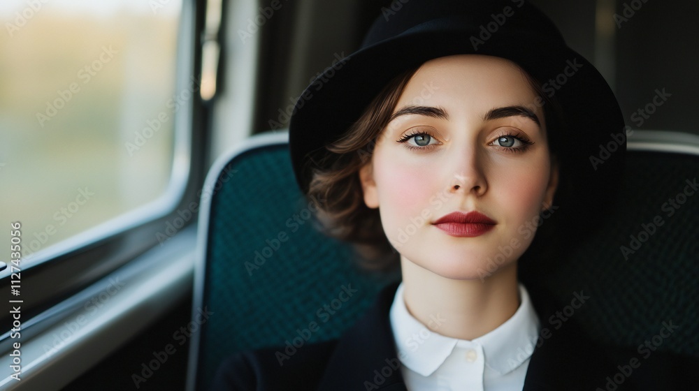 Stylish Woman in Black Hat on Train Travel Portrait Stylish Woman in Black Hat on Train Travel Portrait