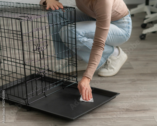 Wallpaper Mural A pet owner diligently wipes down the bottom of a cage, maintaining cleanliness for their beloved pet in a cozy indoor environment Torontodigital.ca