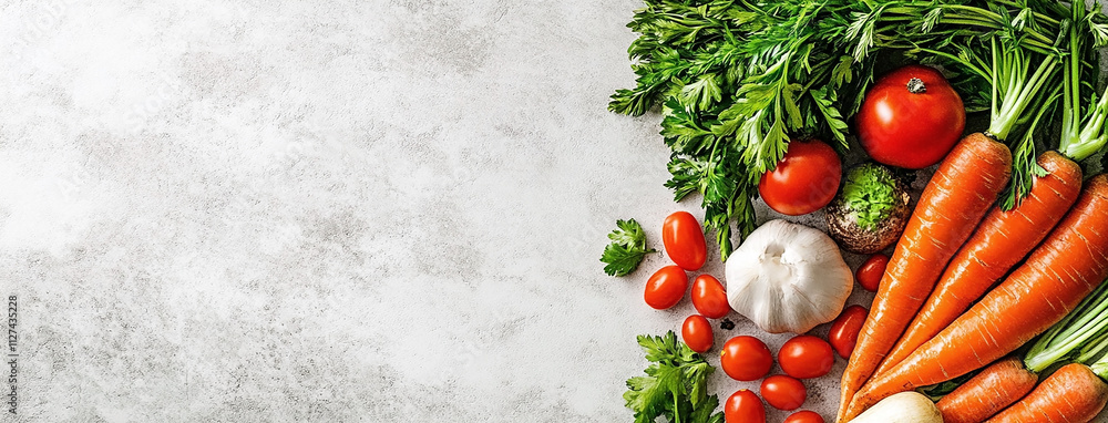 wide flat lay vegetable salad background banner with fresh carrots and peaces in a table at side and blank copy space for texts wide flat lay vegetable salad background banner with fresh carrots and peaces in a table at side and blank copy space for texts