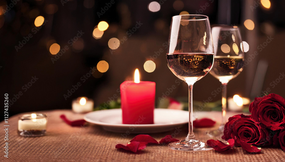 A romantic table setting with two glasses of wine, red roses, and lit candles against a background with soft bokeh lights. A romantic table setting with two glasses of wine, red roses, and lit candles against a background with soft bokeh lights.