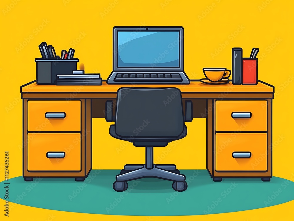 A modern workspace with laptop desk chair and supplies A modern workspace with laptop desk chair and supplies