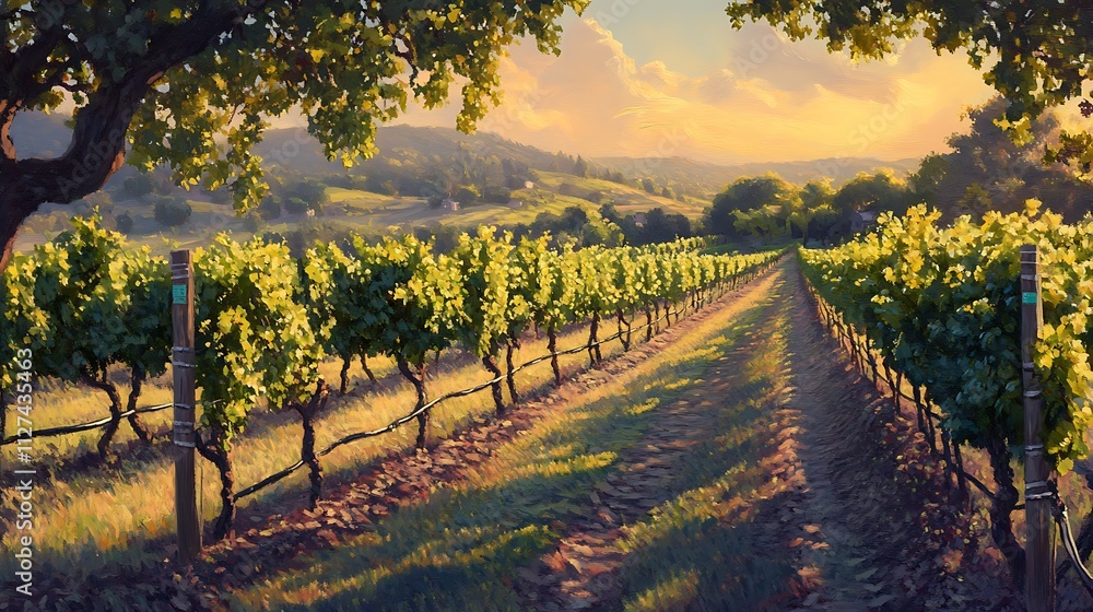 Fototapeta premium Sunlit vineyard path between rows of grapevines on a hillside at sunset.