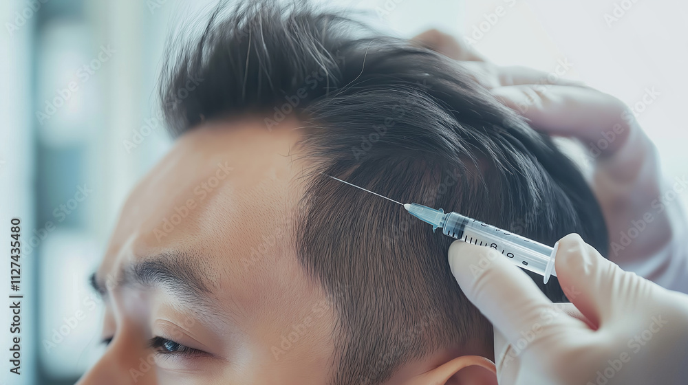 Fototapeta premium Doctor performing prp treatment on asian man, injecting plasma into scalp to stimulate hair growth and combat hair loss
