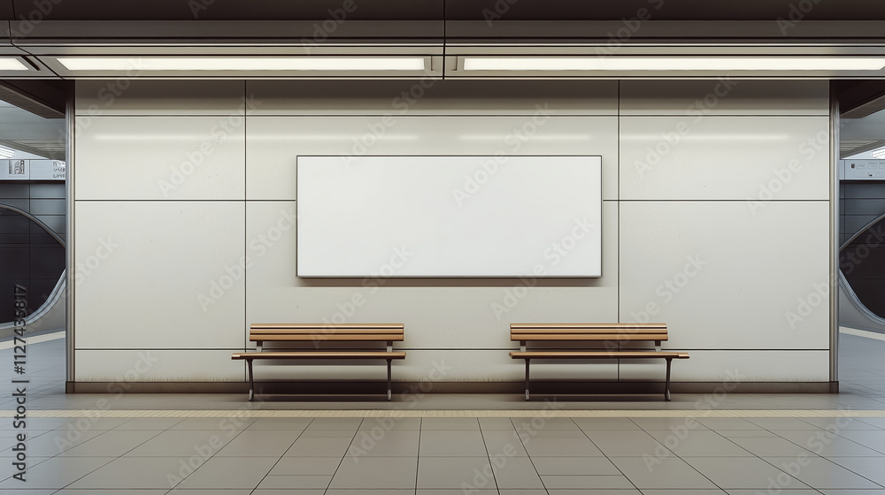 Empty benches and tiled floor in a subway station interior with a horizontal blank poster mockup Empty benches and tiled floor in a subway station interior with a horizontal blank poster mockup