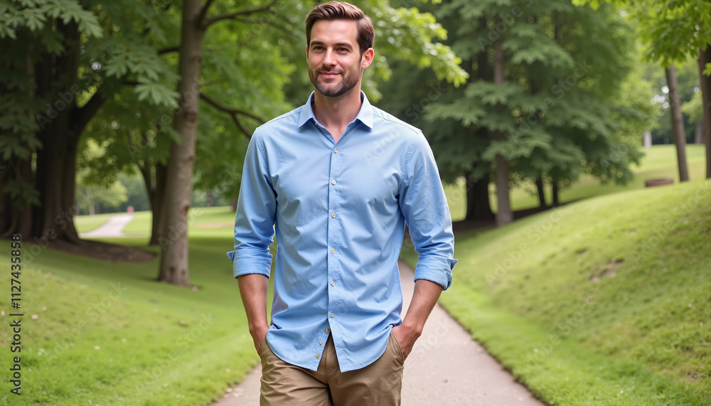Stylish man enjoys a sunny spring day in a vibrant park while showcasing the latest spring wardrobe essentials Stylish man enjoys a sunny spring day in a vibrant park while showcasing the latest spring wardrobe essentials