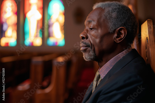 Elderly african american man praying in church pew with stained glass window in background